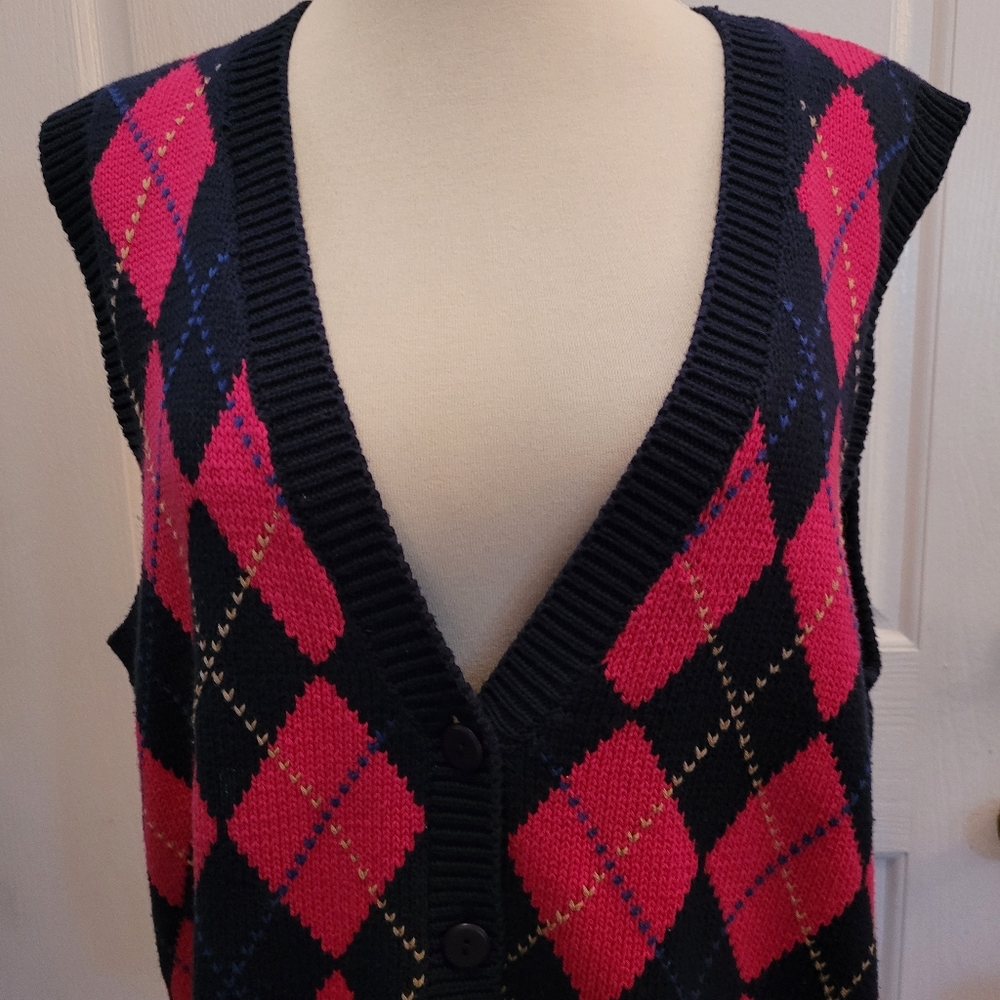 Y2K Golf Vest Knit Sweater Argyle Print Blue Hot Pink Medium Golfing EP Pro